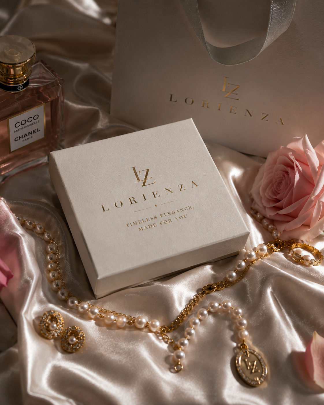 Lorienza gift packaging in gold satin